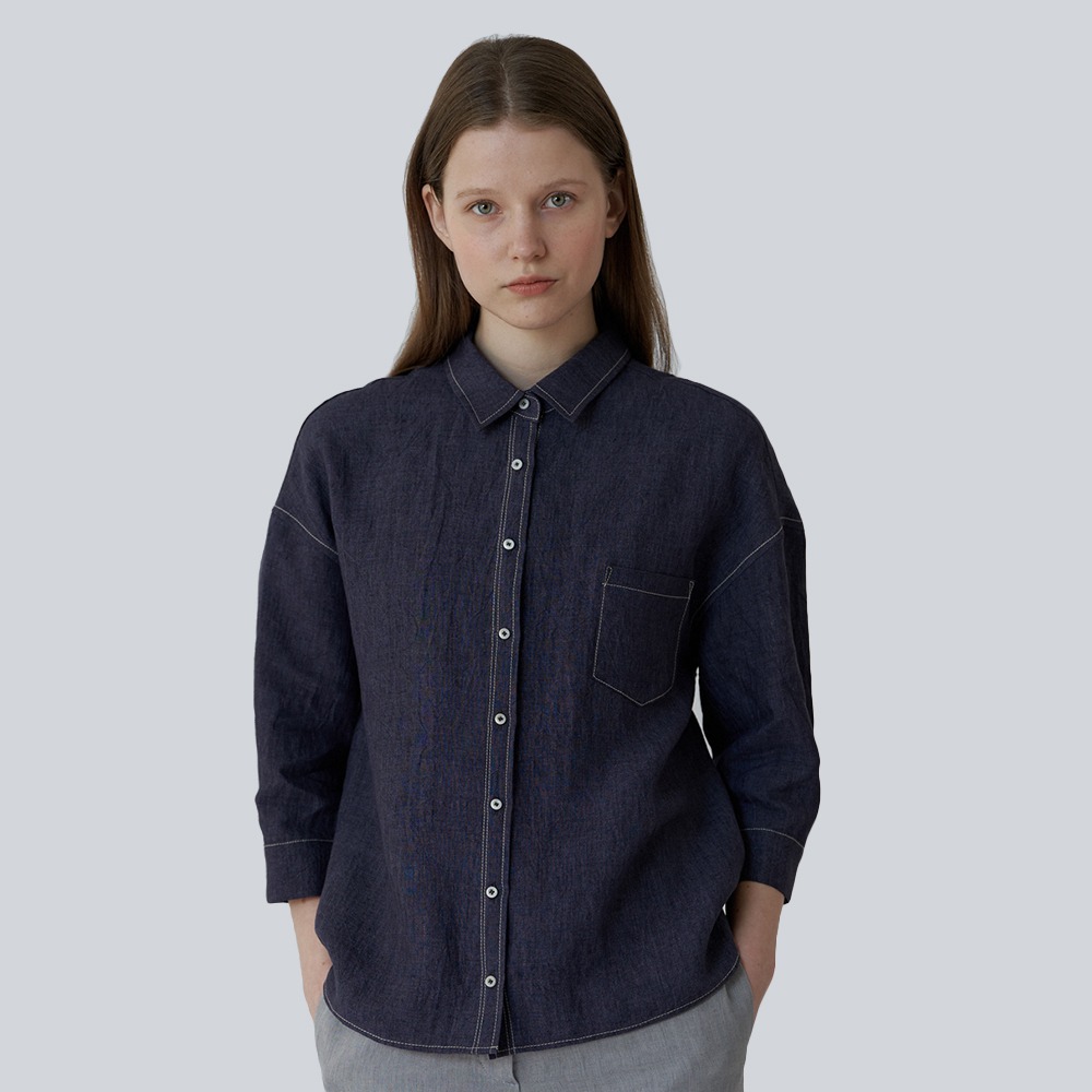 [아유] linen stitch shirts- navy fashion