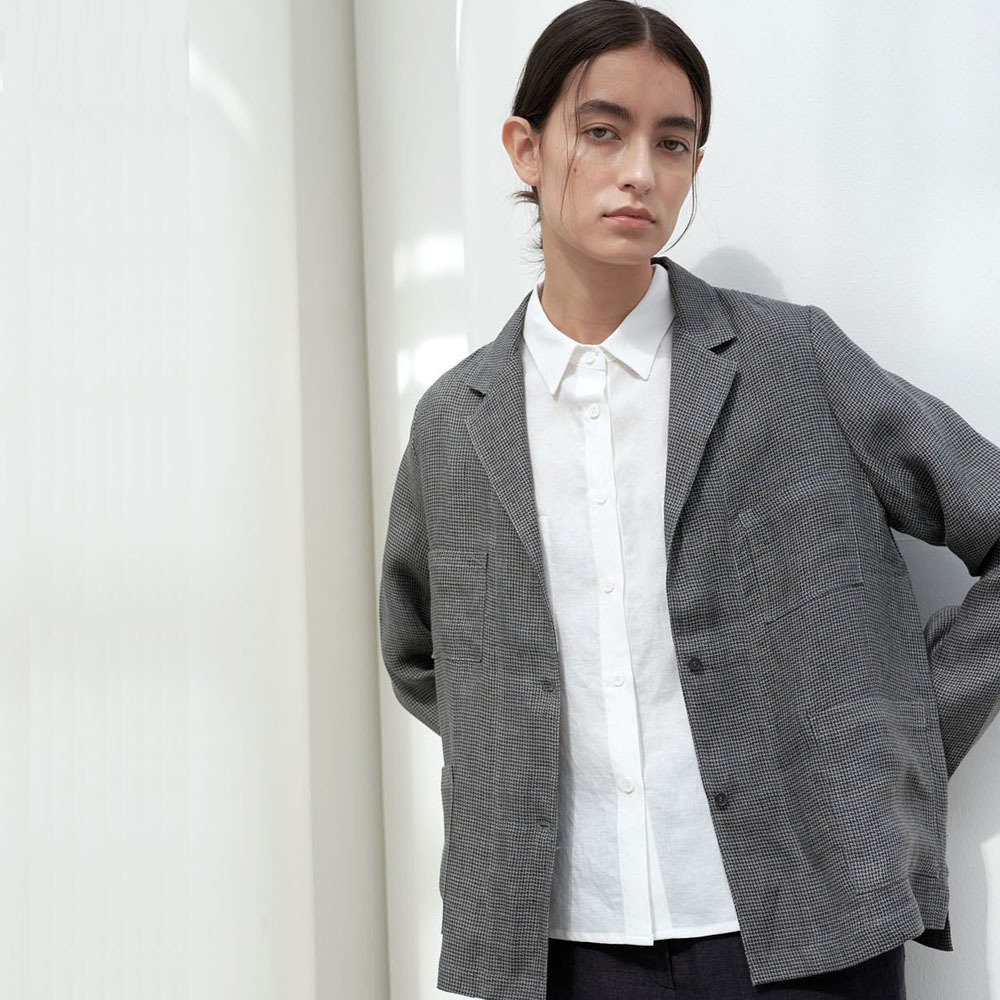 [아유] linen pocket button jacket-black check fashion